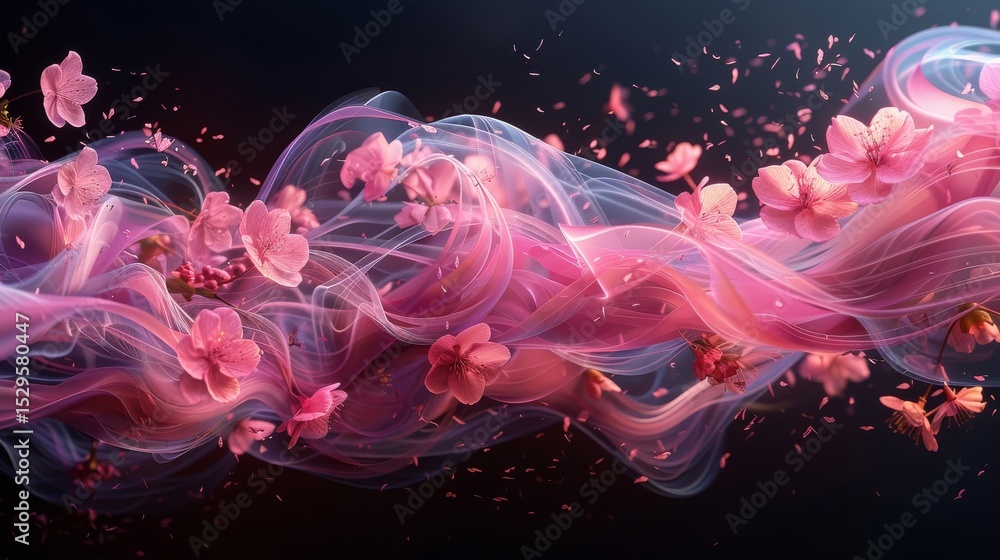 Poster an imaginative composition of flowing pink waves intertwined with delicate petals, creating an ether