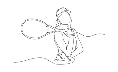Continuous line drawing of woman playing tennis tournament. Single line art of Sport and healthy lifestyle. Vector illustration editable stroke