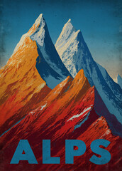 Snowy mountain peaks rise against a warm orange sky. The word "ALPS" is written in bold letters above.