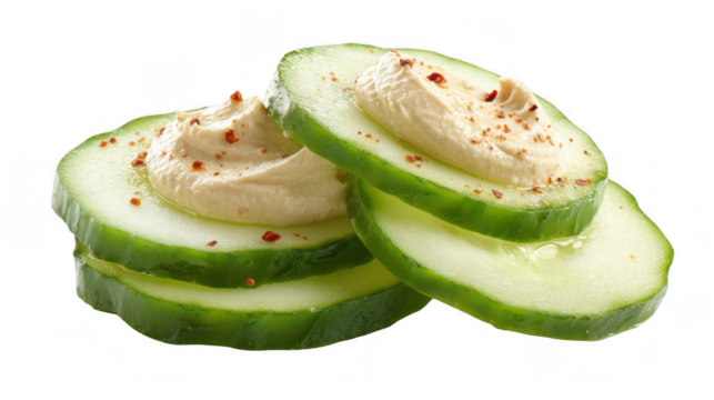 Cucumber slices are topped with creamy hummus and a sprinkle of paprika, creating a healthy and refreshing snack or appetizer against a transparent background
