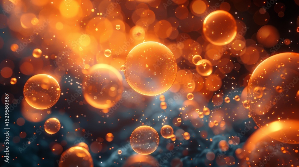 Poster an abstract image featuring vibrant orange bubbles set in a captivating bokeh effect, evoking feelin