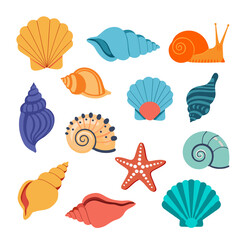 Colorful Summer Sea Shell Bundle Set – Tropical Beach Clipart Collection with Cartoon Ocean Shells, Starfish, and Snails for Kids Crafts, Stickers, and Vacation Design Projects