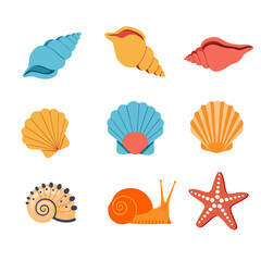 Cartoon Sea Shell Vector Set Bundle. Colorful Summer Beach Elements Perfect for Coastal Decor, Digital Art, Travel Blogs, and Creative Kids Activities