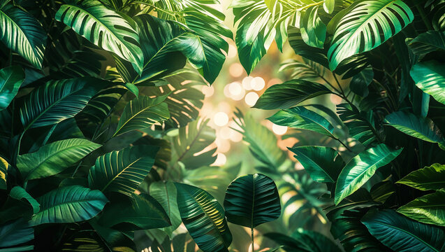 A lush green canopy of tropical leaves filling the frame with dappled sunlight shining through them all