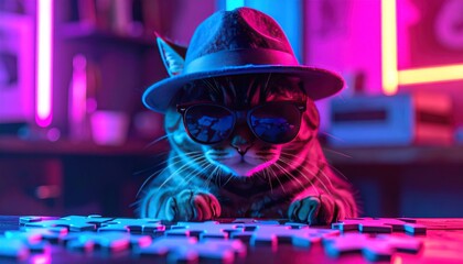 Cat in hat & glasses works on puzzle, neon glow