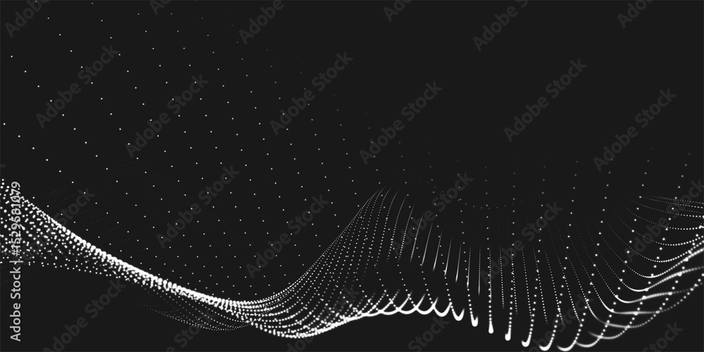 Poster futuristic dot wave. abstract digital particle wave. black and white music wave. dark background. di