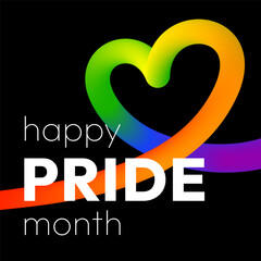 Happy Pride Month. Vibrant abstract banner with smooth 3D ribbon in rainbow colors in the form of heart and bold text on black background to show support for the LGBTQ+ community during Pride Month.