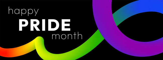 Happy Pride Month. Vibrant abstract banner with smooth 3D ribbon in rainbow colors and bold text on black background to show support for the LGBTQ+ community during Pride Month.