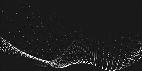 Futuristic dot wave. Abstract digital particle wave. Black and white music wave. Dark background. Digital background with smooth wavy curves. 3D rendering