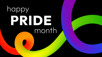 Happy Pride Month. Vibrant abstract banner with smooth 3D ribbon in rainbow colors and bold text on black background to show support for the LGBTQ+ community during Pride Month.