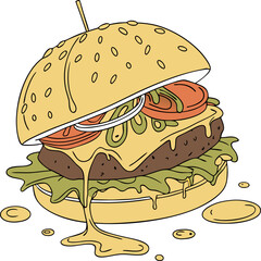 Delicious vector illustration of a classic cheeseburger with fresh ingredients and dripping melted cheese on a white background