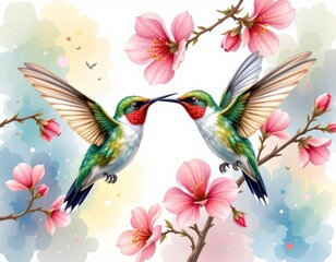 Obraz premium soft watercolor washes of hummingbirds and blossoms with minimal details