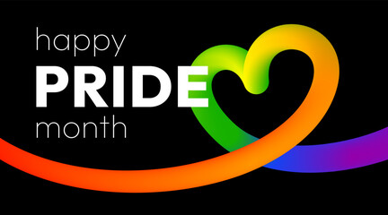 Happy Pride Month. Vibrant abstract banner with smooth 3D ribbon in rainbow colors in the form of heart and bold text on black background to show support for the LGBTQ+ community during Pride Month.