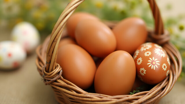 Brown eggs in a wicker basket, one is decorated with a pattern, Easter holiday background, traditional decoration, and food concept.