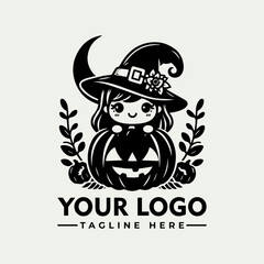 Cartoon little witch in large hat standing beside carved Halloween pumpkin with smiling face in monochrome style. Holiday concept
