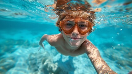 Fototapeta premium A cheerful child under the sea with snorkeling gear smiles at the camera, showcasing an adventurous spirit and the beauty of underwater exploration in a stunning aquatic world.
