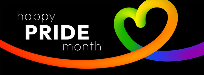 Happy Pride Month. Vibrant abstract banner with smooth 3D ribbon in rainbow colors in the form of heart and bold text on black background to show support for the LGBTQ+ community during Pride Month.