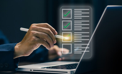 tick the checkmark in the survey item, and tick mark evaluation in the options check form online. concept of task audit in a list of documents, checklist, process order, detail business verify task