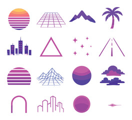 Synthwave landscape elements isometric set. neon sunset, glowing grid floor, purple mountain silhouette, retro palm tree, synth skyline, glowing triangle