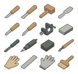 Wood carving tools isometric set. carving knife, chisel with wooden handle, mallet, gouge blade, detail knife, V-tool, bench clamp, sharpening stone, wood