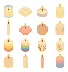 Types of finished candles isometric set. scented glass candle, wax melt cubes, tea light in tin, pillar candle with swirl, taper candle with drip, floating