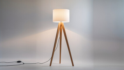 A floor lamp with a white shade and a wooden tripod base standing on a white surface against a white wall