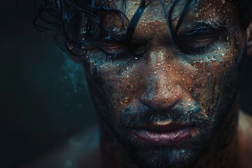 Fototapeta premium A close-up portrait showcasing a man with droplets of water on his face, highlighting the intense emotions portrayed through his expression against a dark background.