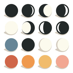 Lunar calendar phases isometric set. new moon, waxing crescent, first quarter, waxing gibbous, full moon, waning gibbous, last quarter, waning crescent.