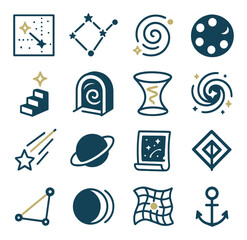 Astral and cosmic spell pages isometric set. star alignment chart, constellation path glyph, time fold diagram, moon phase ring, dream step icon, portal to