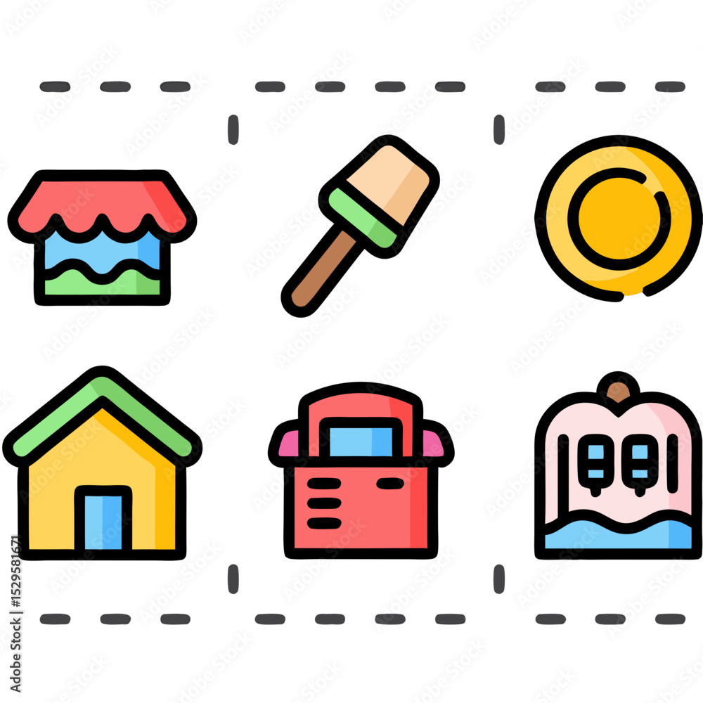Poster colorful illustrated icons representing various concepts and objects