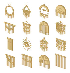 Macramé wall art shapes isometric set. circular hoop design, triangle hanger layout, moon phase arch, half-circle panel, horizontal driftwood rod.