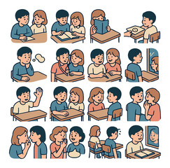Crush moments in class isometric set. stolen glance icon, shared textbook, blushing face behind folder, passed paper with smile, daydream cloud, foot tap