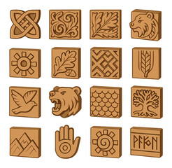 Traditional wood carving motifs isometric set. Celtic knot design, floral swirl panel, leaf border carving, animal totem detail, tribal sun icon, oak leaf