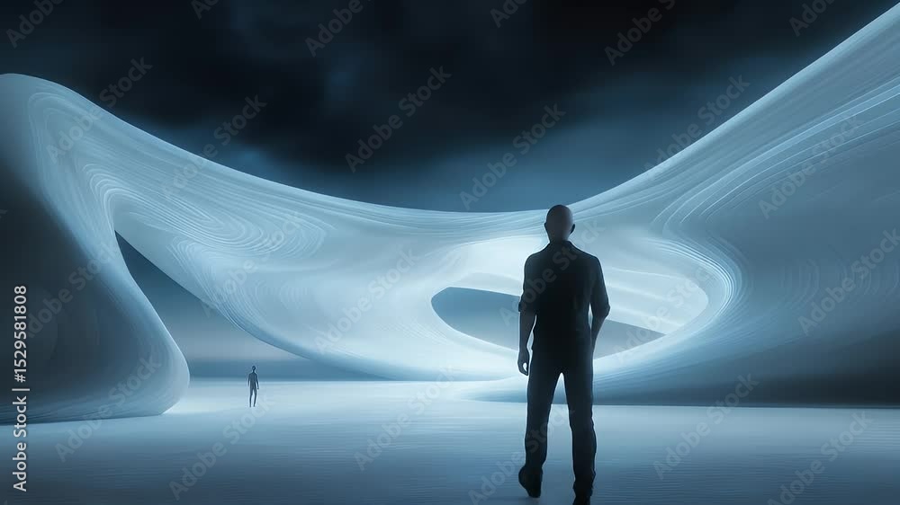 Poster man in black walking towards futuristic architectural structure under cloudy sky with striking light