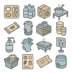 Food and water distribution isometric set. meal tray with utensils, bottled water pack, food ration box, soup kitchen station, nutrition bar, hot beverage