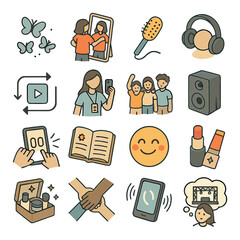 Pre-concert excitement isometric set. butterflies icon, outfit try-on moment, hairbrush microphone, jam session with headphones, playlist loop symbol.