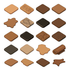 Leather types and textures isometric set. smooth veg-tan piece, embossed floral pattern, pebbled leather sheet, suede square, dyed full grain hide.