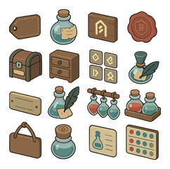 Potion labeling and storage isometric set. leather-bound label tag, scroll tag on bottle, rune-etched shelf label, cork stamp seal, potion chest box.