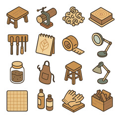 Wood carving workspace isometric set. wooden bench, clamp with log, shavings pile, wood block on mat, tool rack, sketch pad with design, measuring tape.