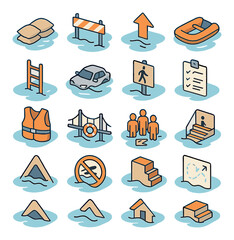 Flood evacuation and safety isometric set. sandbag barrier, road closure sign, high ground arrow, rescue boat icon, emergency ladder, car submerged symbol.
