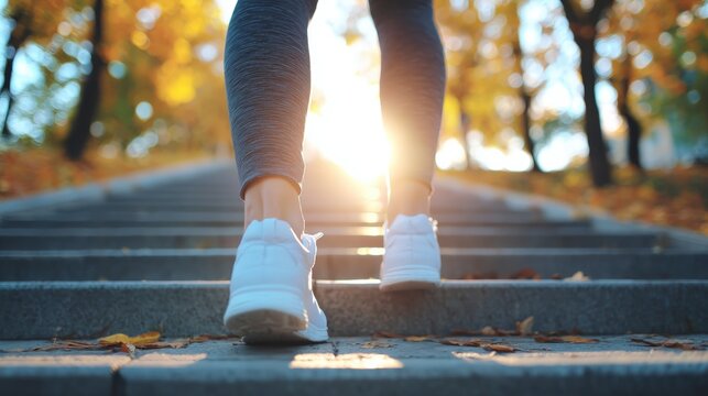 A person wearing white sneakers is walking up outdoor stone steps surrounded by autumn trees with sunlight shining through.