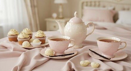 Fototapeta premium A soft, dreamy porcelain tea set in pastel pink and cream, with delicate ruffles and pearlized accents. The teacups hold sweet vanilla rooibos tea, with a swirl of cream and a vanilla bean pod. 