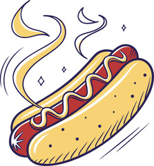 Illustration of a delicious cartoon hot dog with mustard and steam in a simple hand drawn style