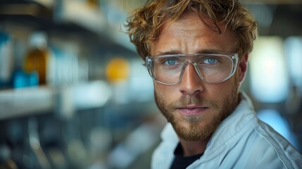 A focused scientist with glasses captures attention, showcasing commitment and dedication in a modern laboratory filled with various scientific tools, highlighting innovation.