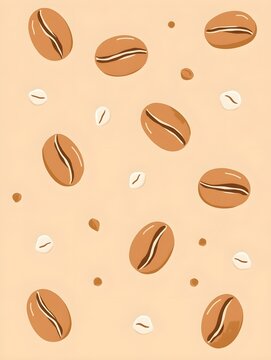 A light and friendly pattern of coffee beans in flat tones. Ideal for textile, product packaging, or background elements in food-themed designs.
