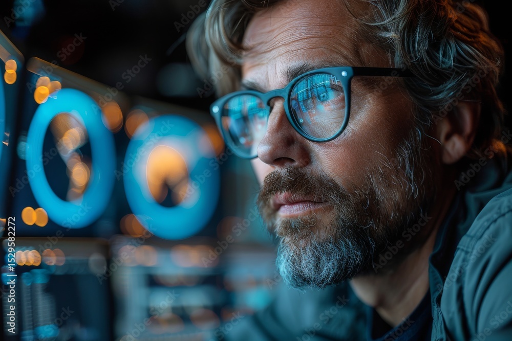 Aufkleber a close-up of a thoughtful man examining high-tech screens, representing the intersection of technol