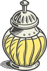 Stylized illustration of a vintage perfume bottle in a classic art deco design with a yellow liquid filling ideal for cosmetic branding