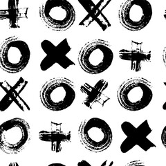 Geometric pattern tic-tac-toe watercolor memphis style background. Seamless abstract black pattern. Grunge straight brush stroke, circles, fluid shapes, cross lines. Ink illustration in 80-90s style. 