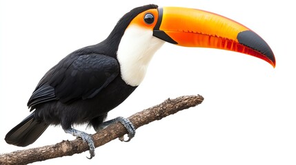 Naklejka premium a tropical toucan on a branch clipart, exotic bird, detailed painting, colorful, isolated on white background