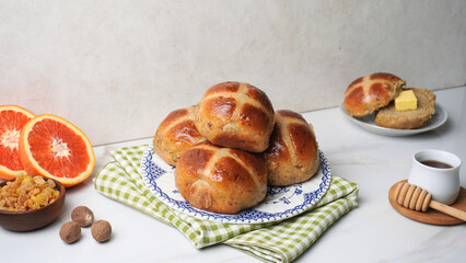 Fresh Zesty Hot Cross Buns in Rustic Setting